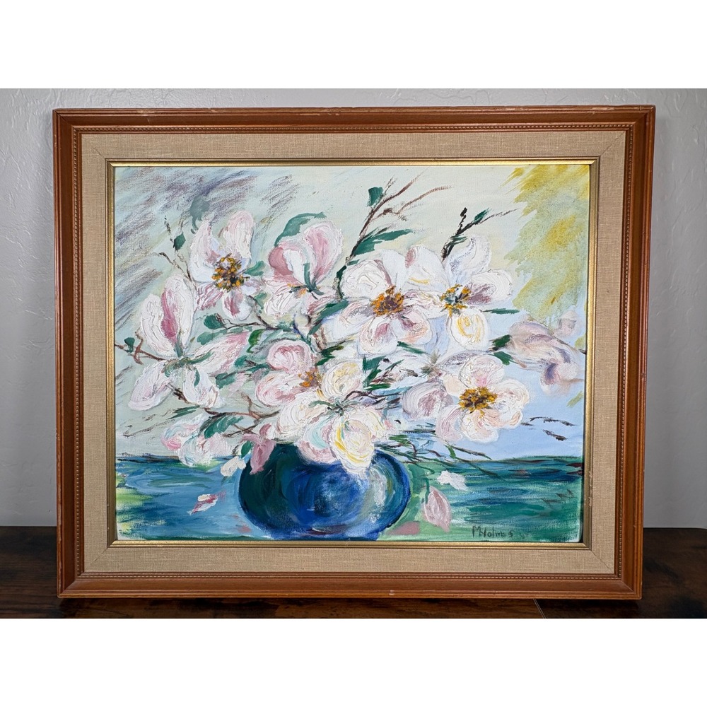 Vintage M Holmes Signed Floral Oil Painting Impasto Flowers Blue Vase Frame